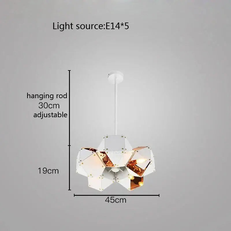 Modern white and copper metallic decorbites cube led pendant light with geometric polygonal panels for dining room decor