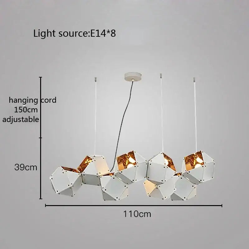 Modern white and gold cube led pendant light with geometric metallic facets and adjustable cord for dining room decorbites cube led