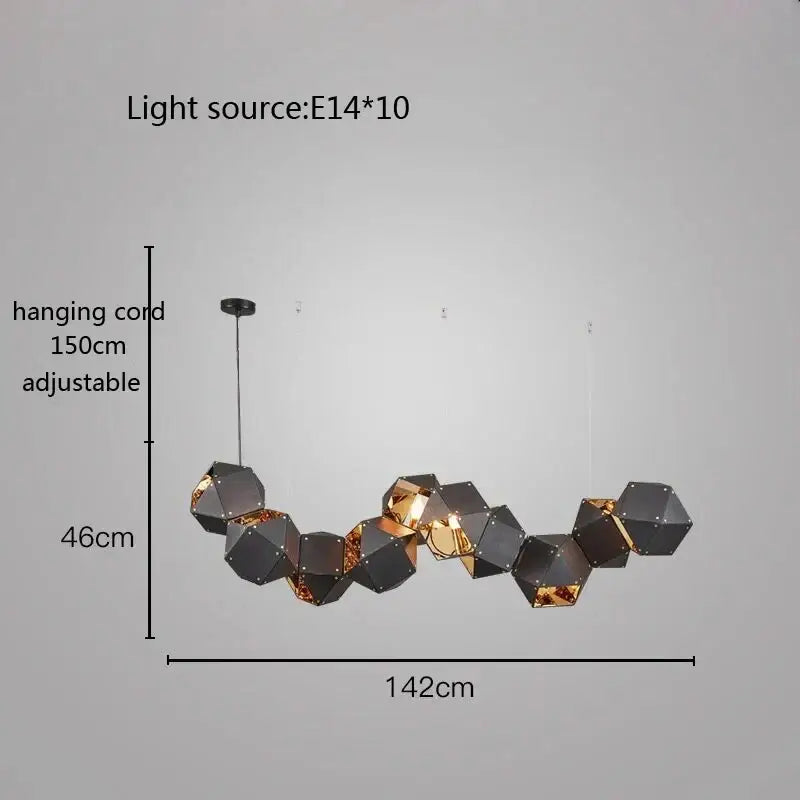 Modern white and gold cube led pendant light featuring a black and gold hexagonal geometric chandelier design for dining room decorbites cube led