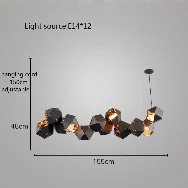 Modern geometric pendant light with black and gold metallic facets from decorbites cube led collection for dining room