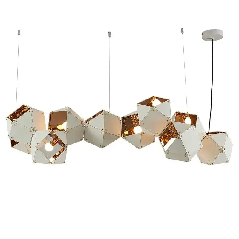 Modern white and gold cube led pendant light with interlocking metallic hexagonal shapes for dining room decorbites cube led