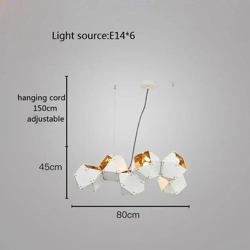 Modern white and gold cube led pendant light with geometric metallic facets and six e14 bulbs for dining room decorbites cube led