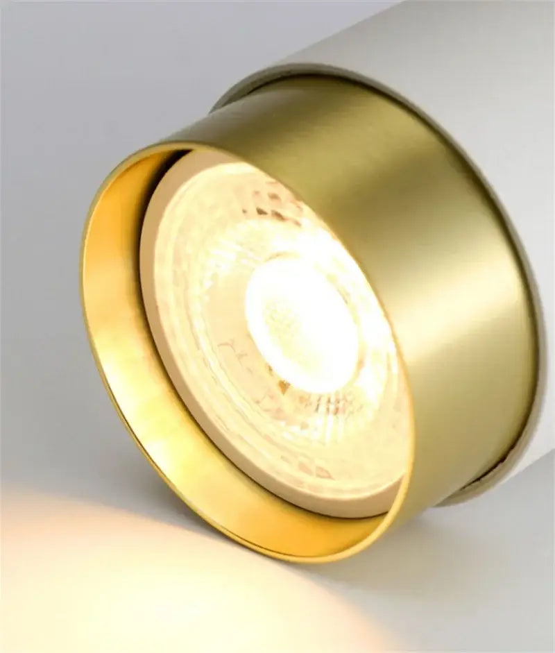 A sleek cylindrical recessed decorbites ceiling chandelier with brushed gold finish and illuminated led bulb