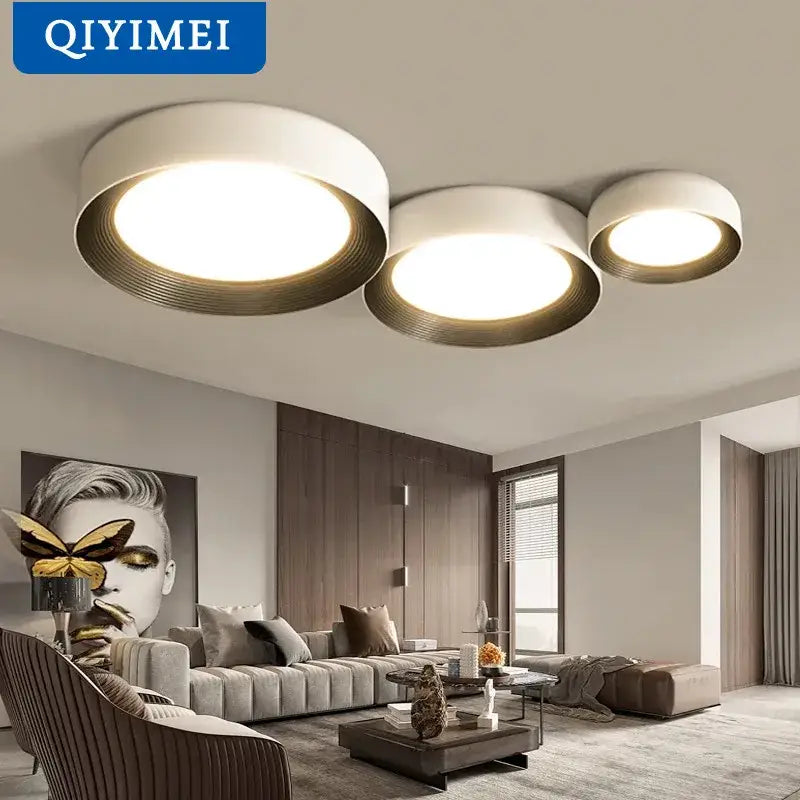 Modern white and gold decorbites circular chandelier dining room light with ribbed metallic rims and circular chandelier lights