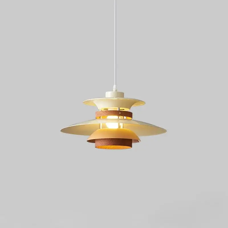 Modern white and gold designer pendant light with cream layered metal and wood shades for living room decorbites pendant light