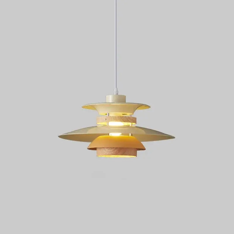 Modern white and gold designer pendant light with layered warm-toned metal and wood shades for living room decorbites pendant light