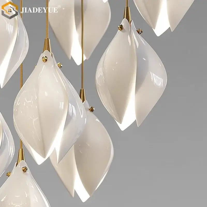 Modern white and gold leaf ceramic led staircase pendant light features petal-like decorbites ceramic led design