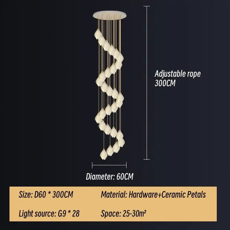 Modern white and gold leaf ceramic led staircase pendant light with cream ceramic petals by decorbites ceramic led