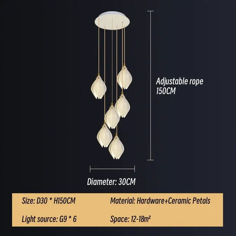 Modern white and gold leaf ceramic led staircase pendant light with six g9 bulbs and adjustable rope by decorbites ceramic led