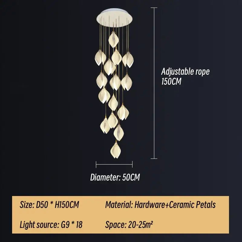 Modern white and gold ceramic led staircase pendant light with cascading petals and adjustable rope by decorbites ceramic led