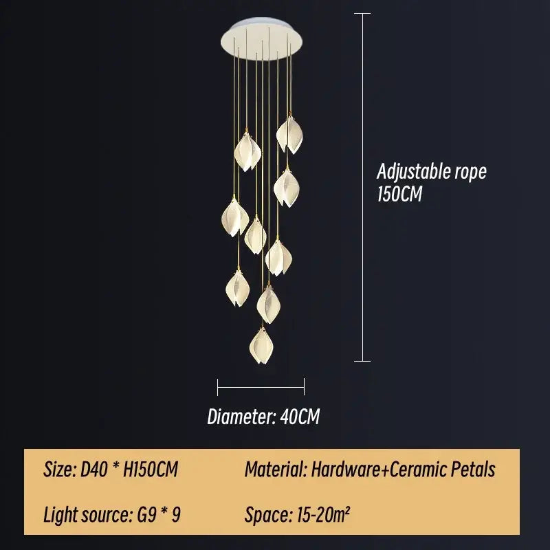 Modern white and gold leaf ceramic led staircase pendant light with white ceramic petal design and adjustable rope decorbites ceramic led