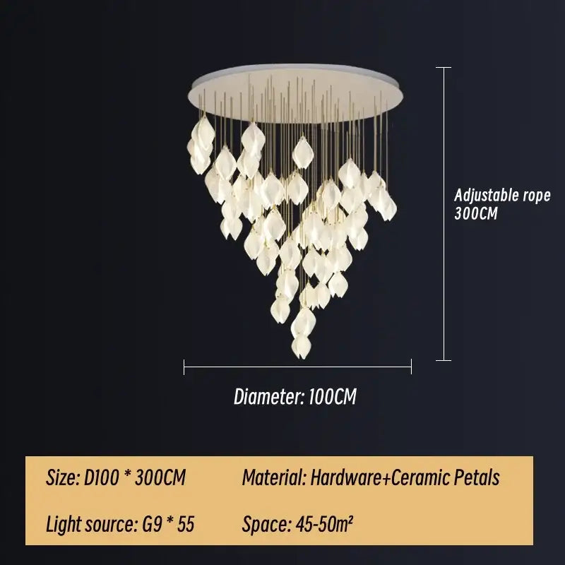 A modern white and gold leaf ceramic led staircase pendant light with cascading petals for dining room by decorbites ceramic led