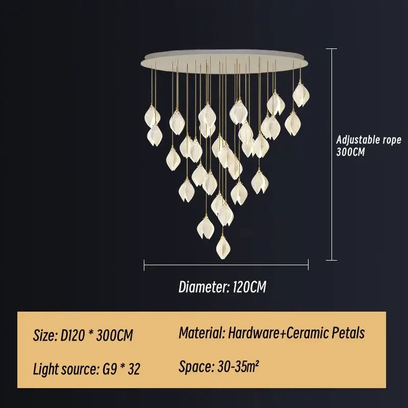 Modern white and gold leaf ceramic led staircase pendant light with circular mount and cascading ceramic petal lights by decorbites ceramic led