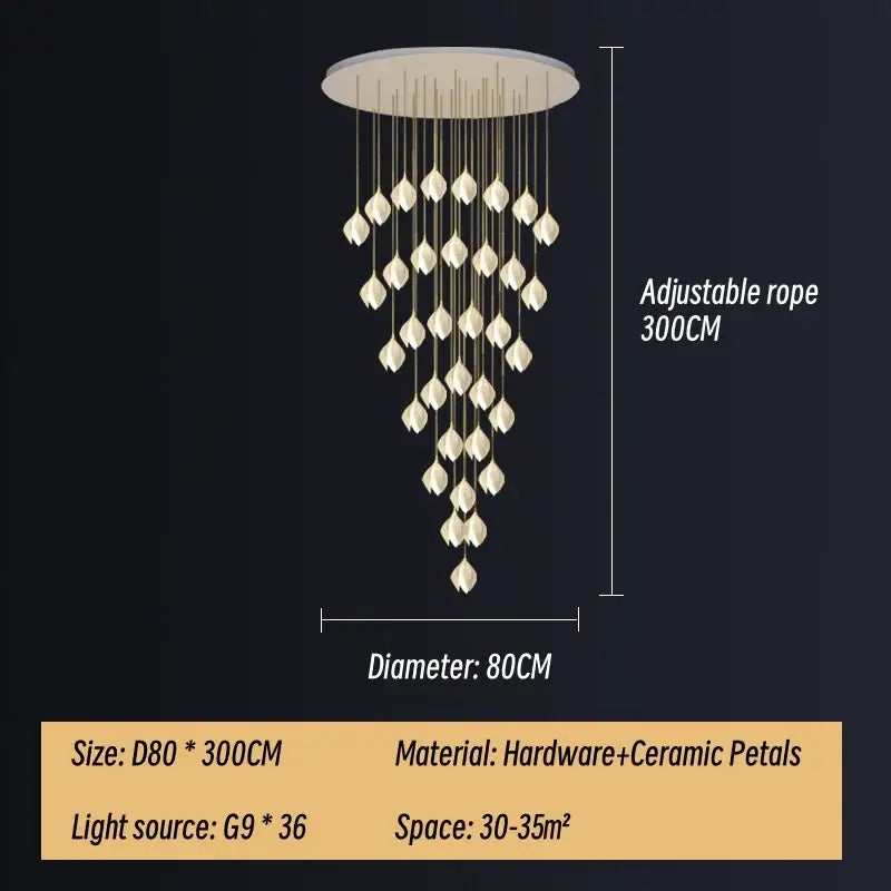 Modern white and gold leaf ceramic led staircase pendant light with cascading petal-like decorbites ceramic led decor