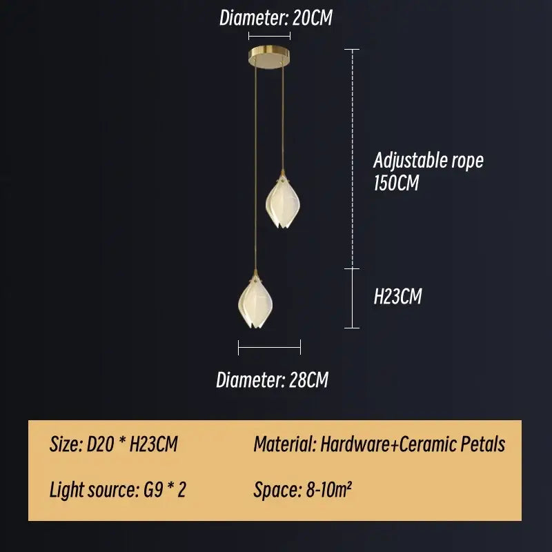Modern white and gold leaf ceramic led staircase pendant light with two petal-shaped shades by decorbites ceramic led