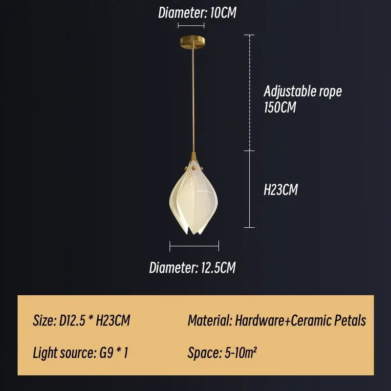 Modern white and gold leaf ceramic led staircase pendant light with delicate petal design and adjustable rope decorbites ceramic led