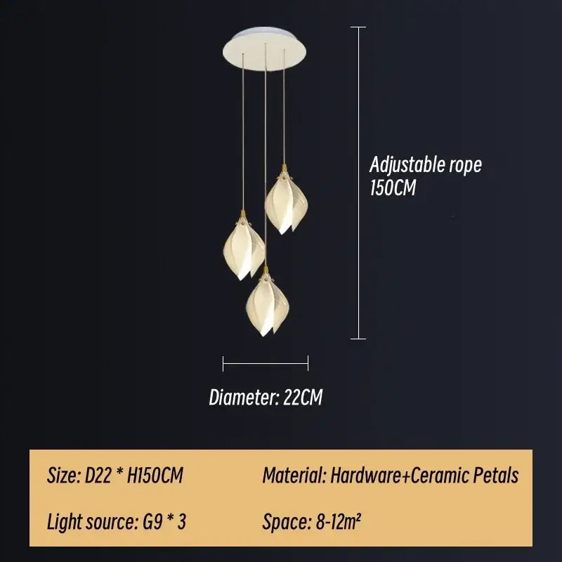Modern white and gold leaf ceramic led staircase pendant light with elegant ceramic petal shades by decorbites ceramic led