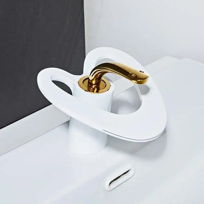 Modern white and gold waterfall basin faucet with polished black brass spout by decorbites golden white for bathroom sink