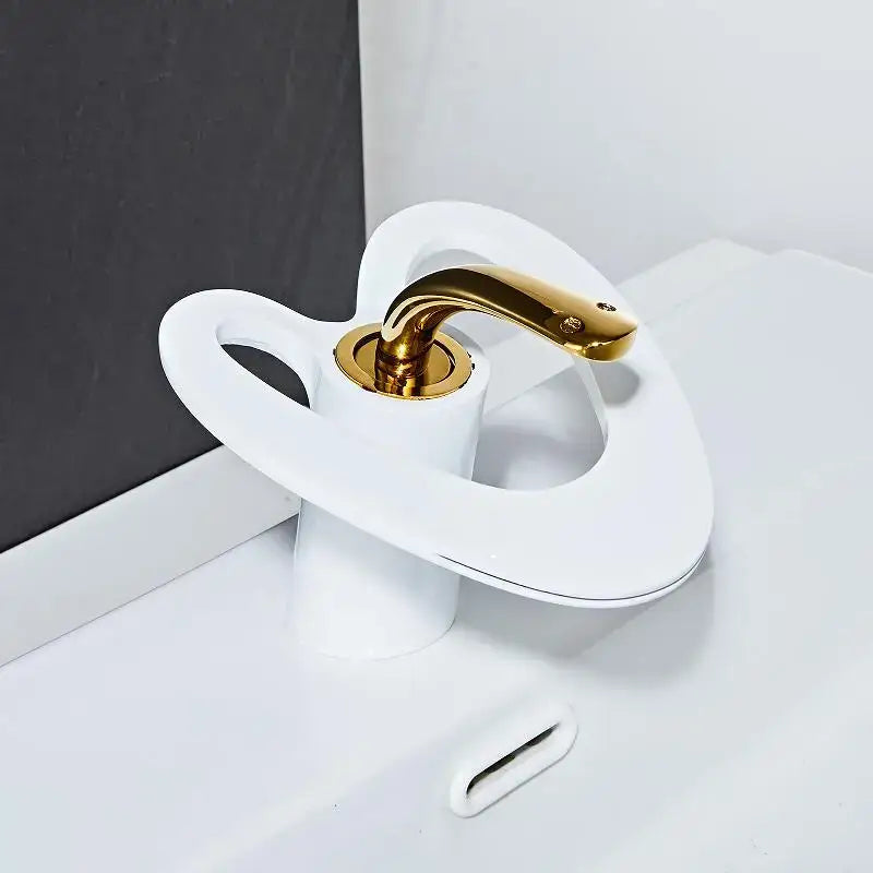 Modern white and gold waterfall basin faucet with polished black brass spout by decorbites golden white for bathroom sink