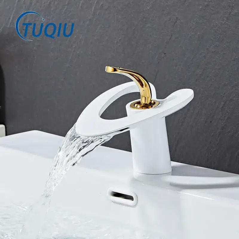 Modern white and gold basin faucet with black brass waterfall spout by decorbites for bathroom sink mixer tap