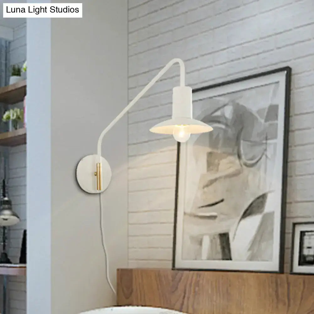 Modern white and gold wide flare bedroom wall lighting with curved arm and gold accent hardware for bedroom wall lighting