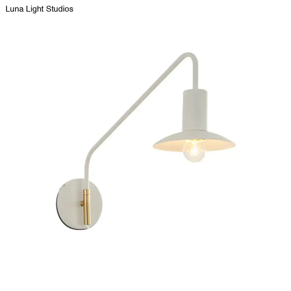 Modern white and gold wide flare bedroom wall lighting with brass accent and curved arm bedroom wall sconce