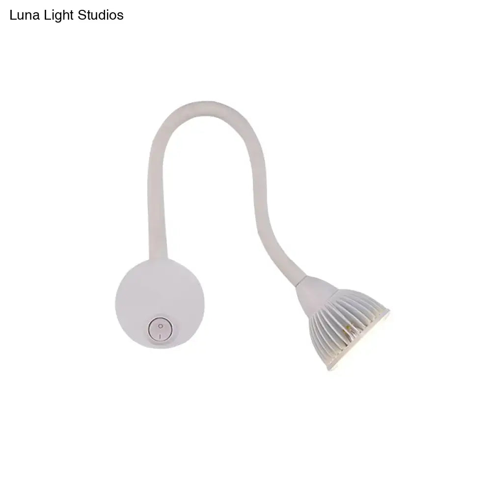 Modern white gooseneck wall sconce light with flexible arm and ribbed head for direct wired electric bedroom reading