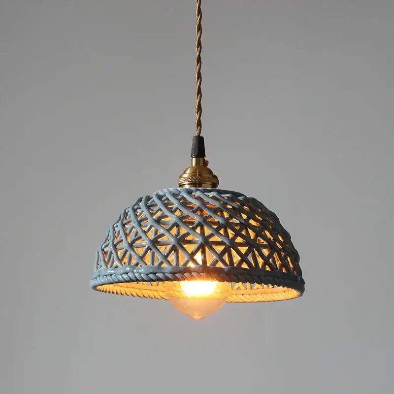Modern white and gray geometric ceramic led pendant lights featuring a blue woven ceramic led pendant with brass finish