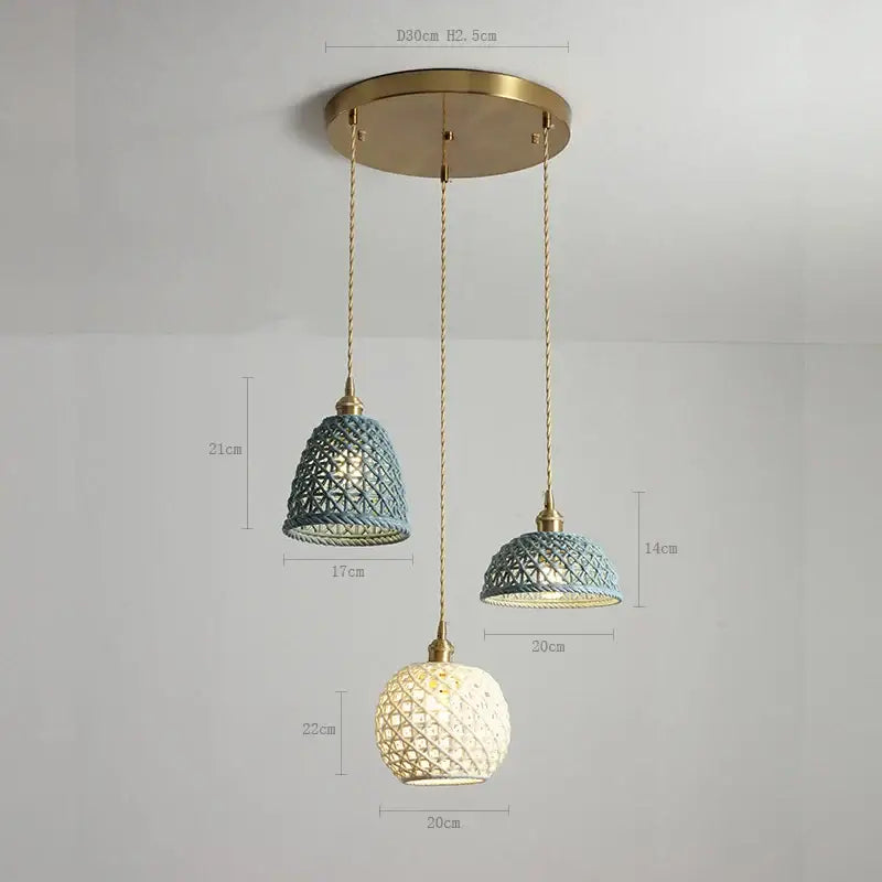 Modern white and gray geometric ceramic led pendant lights with brass fixtures and teal cream white woven shades for dining room decorbites ceramic led