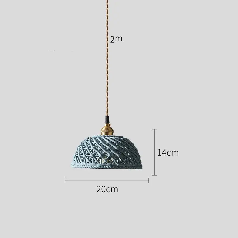Modern white and gray geometric ceramic led pendant lights featuring a teal woven rope pendant light with brass fixture