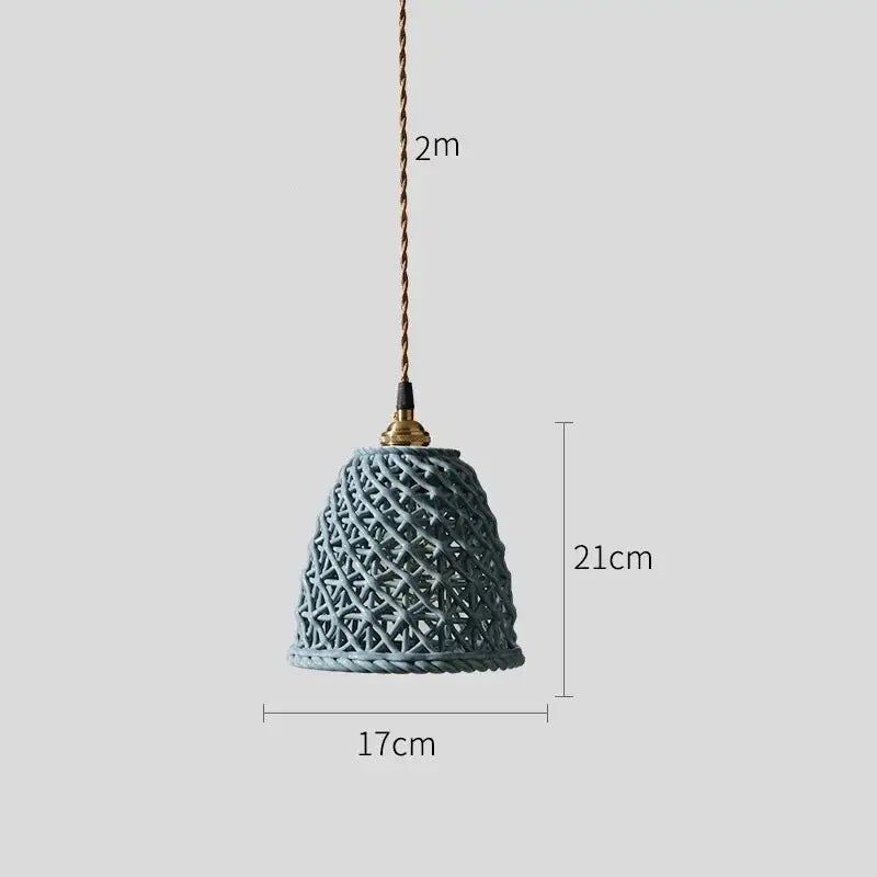 Modern teal woven ceramic led pendant lamp with lattice design and brass top for white gray dining room decorbites ceramic led