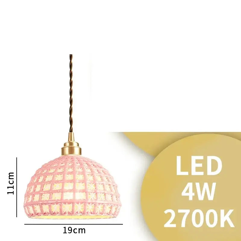 Modern white and gray geometric ceramic led pendant lights featuring a pink dome ceramic led pendant with brass accents