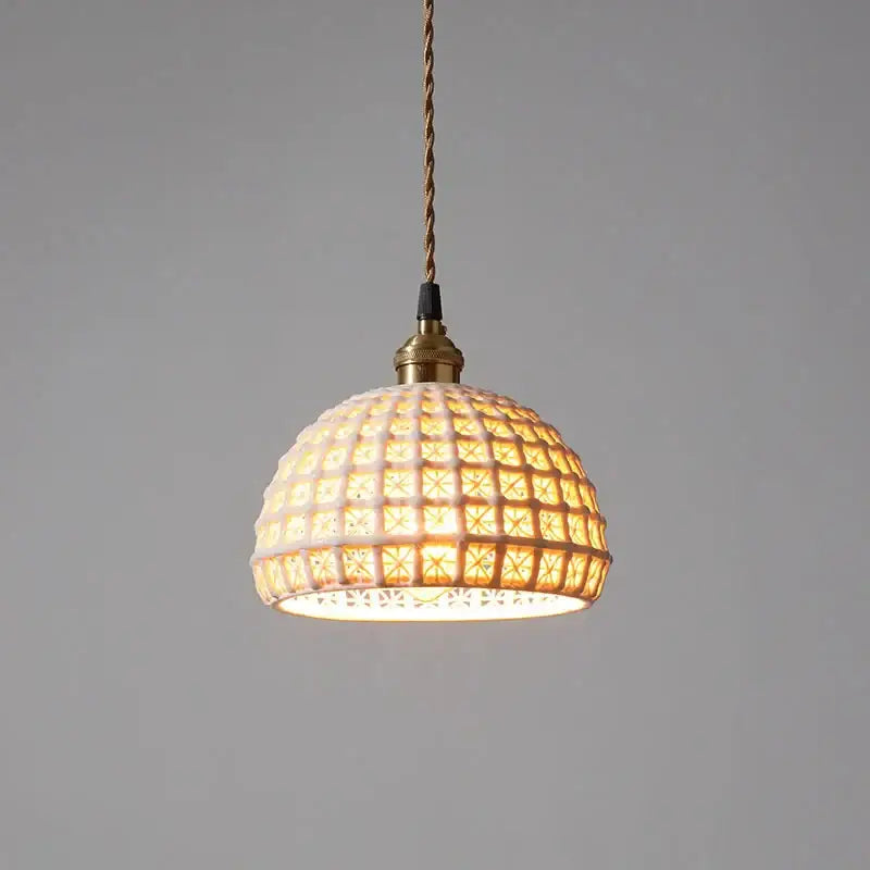 Modern white and gray geometric ceramic led pendant light with textured shade and brass hardware for dining room decorbites ceramic led
