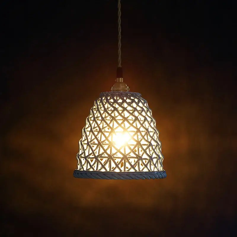 Modern white ceramic led pendant with geometric lattice design and rope base for dining room decorbites ceramic led lighting
