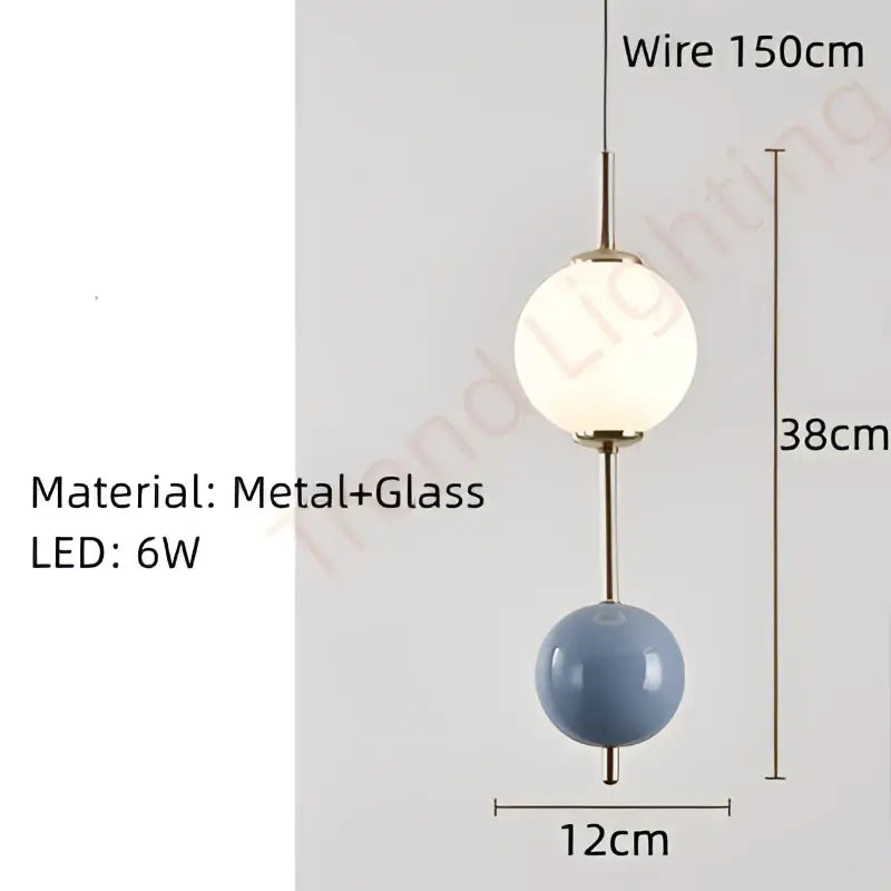 Modern pendant light with frosted white glass globe and matte blue ceramic sphere for dining room decorbites colorful ball led