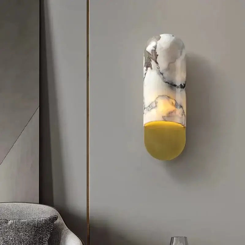 Modern white and gray marble led wall lamp with yellow lower half for living room illumination