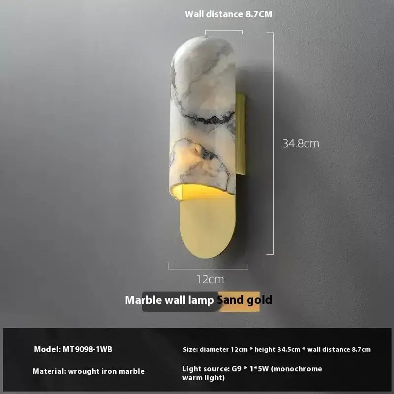A sleek modern white and gray marble led wall lamp with gold accents for living room lighting