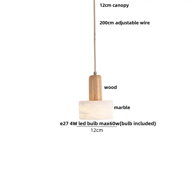 Minimalist pendant light with natural wood canopy and marble disc base featuring a 4w printed ball led bulb by decorbites 3d printed