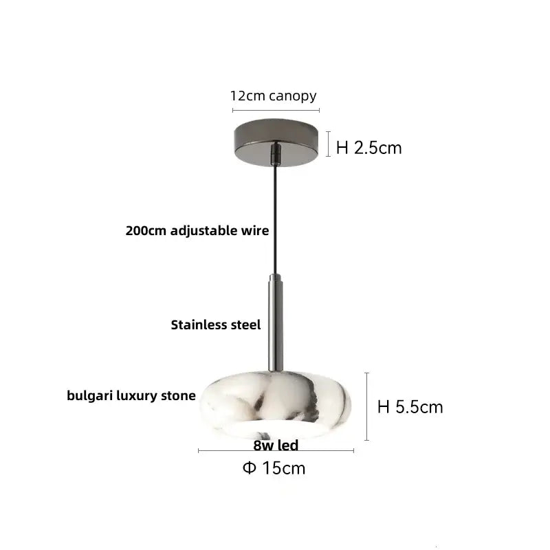 Modern white and gray marble pendant light with bulgari luxury stone shade and stainless steel canopy featuring printed ball led decorbites 3d printed