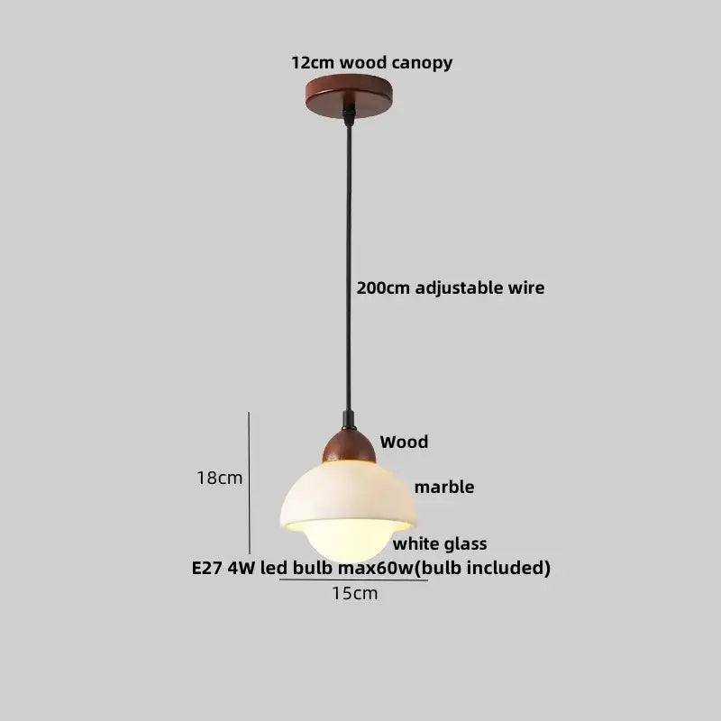 Modern white and gray marble pendant light with warm-toned wood canopy and adjustable black wire by decorbites 3d printed printed ball led