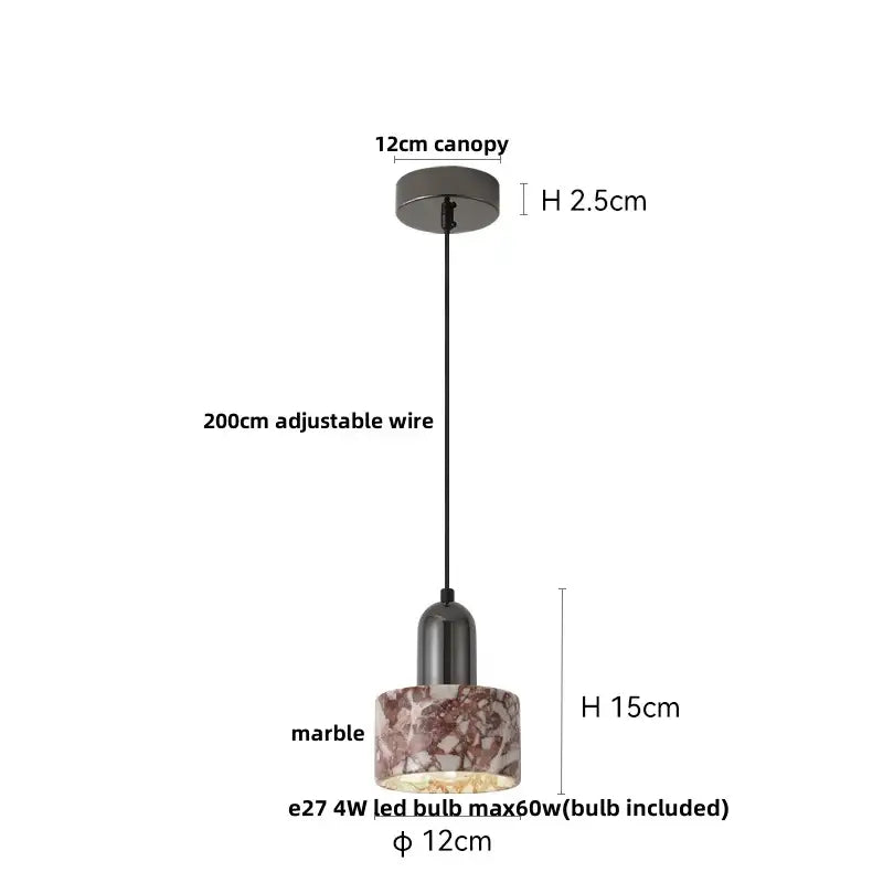 Modern pendant light with 12cm matte black canopy and pink beige marble printed ball led shade by decorbites 3d printed