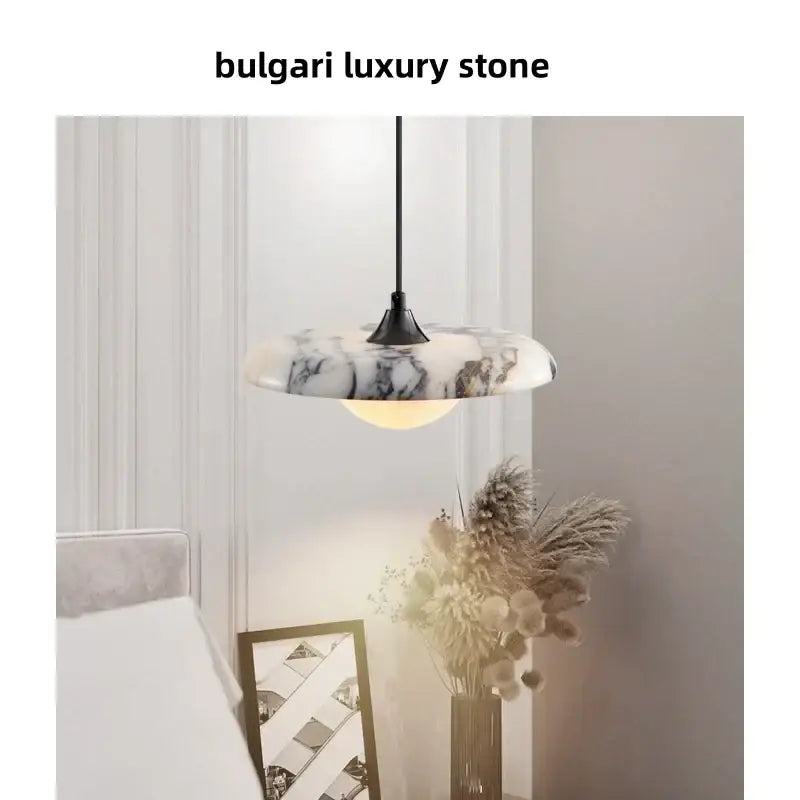 Bulgari luxury pendant light with a sleek black metal suspension and white gray marble printed ball led shade decorbites 3d printed