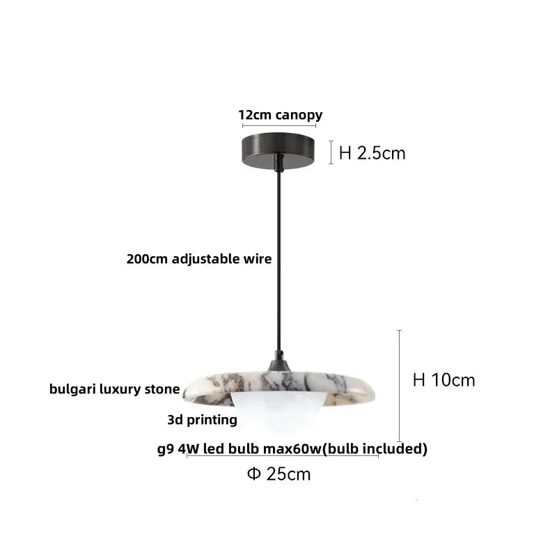 Modern white and gray marble pendant light with black canopy and adjustable wire featuring decorbites 3d printed ball led