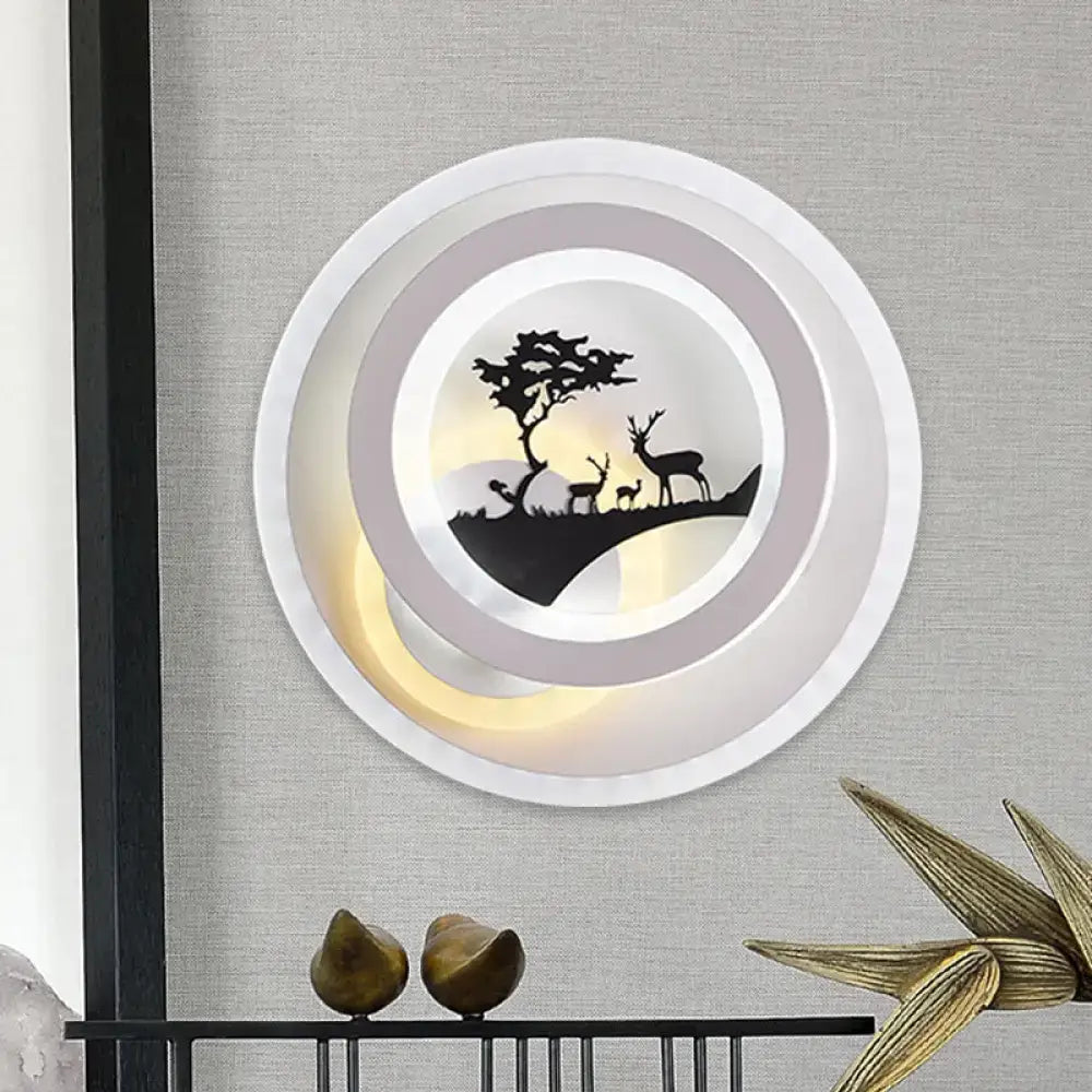 Modern white and gray tree and elk led light fixture with concentric rings and warm backlight for bedroom sconce inches fixture