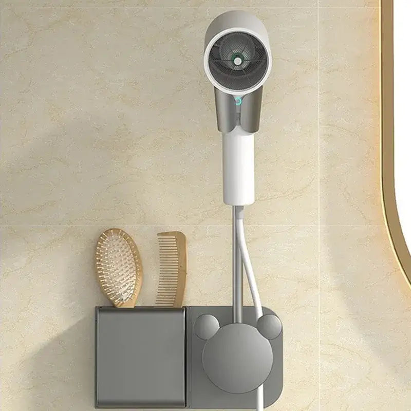 A sleek modern white and gray wall mounted hair dryer with adjustable nozzle and cord management for decorbites bathroom hair