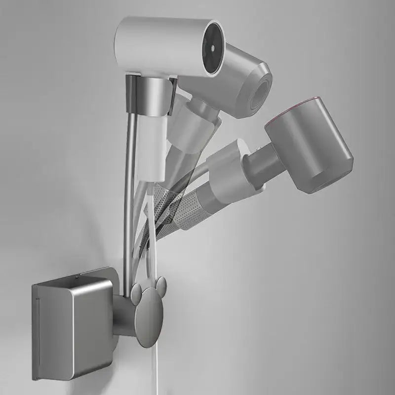 Modern white and gray wall mounted hair dryer storage rack with silver metallic adjustable showerhead and paw print decorbites bathroom hair