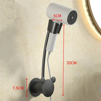 Modern white and gray wall mounted bathroom hair dryer rack with white hair dryer on black Mickey Mouse shaped bracket