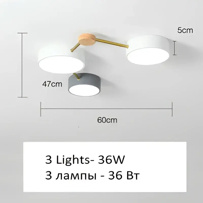 Modern white and gray wood ceiling chandelier with three circular shades and gold-toned metal arm for living room