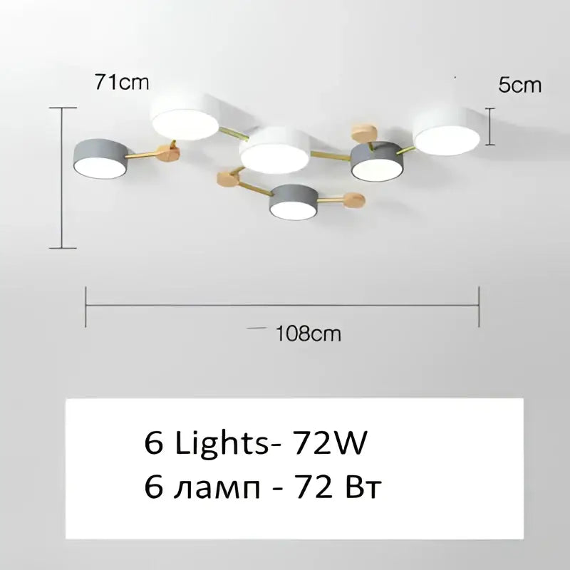 Modern white and gray wood ceiling chandelier with six circular lamp heads and gold-toned metal arms for living room