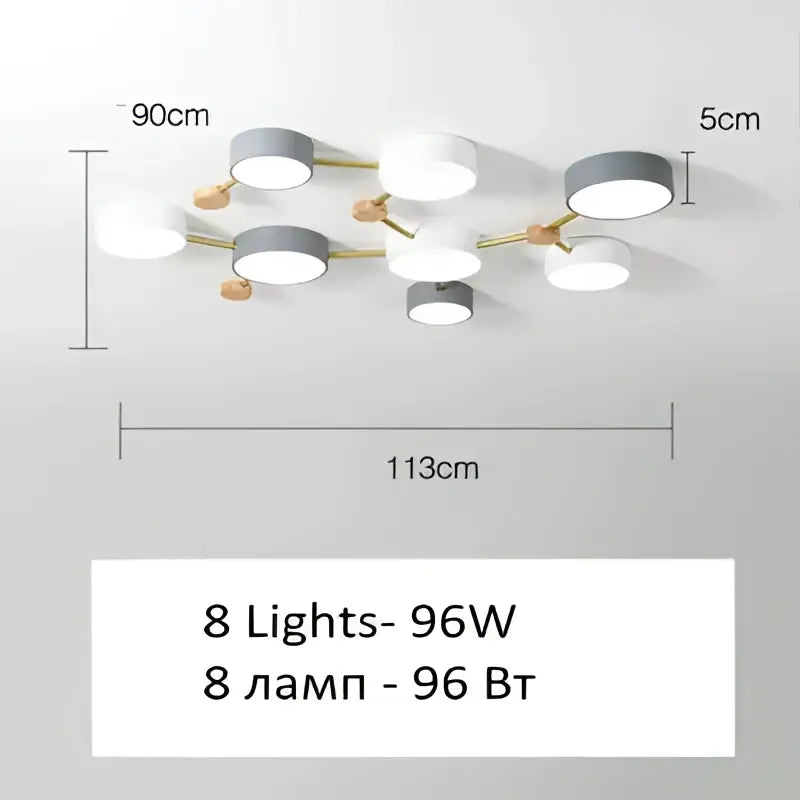 Modern white and gray wood ceiling chandelier with eight circular led bulbs on gold metal arms for living room lighting